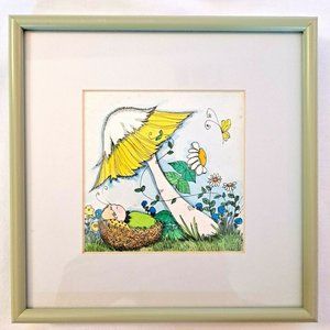 Original Watercolor 70s Diana Barnes Mushroom Baby